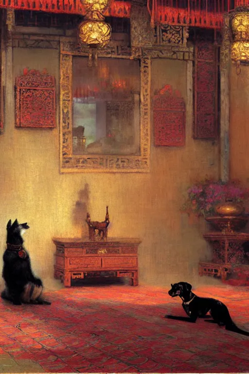 Image similar to A dog sitting in an asian palace, painting by Gaston Bussiere, Craig Mullins