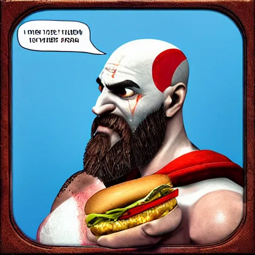 Image similar to kratos from god of war eating a cheeseburger