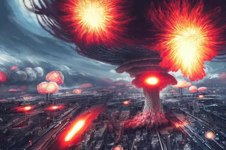 Prompt: hyper detailed mushroom! clouds! explosions formed by h - bombs! detonations in the middle of tokyo, raising between the buildings, highly detailed, devastation, concept art, smooth, sharp focus, modern war photography, awarded photography, futuristic style, popular on artstation, unreal engine, drone shot, nvidia graphics,.