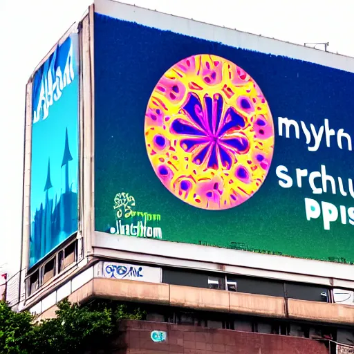 Image similar to psychedelic mushroom dispensary logo in a high billboard