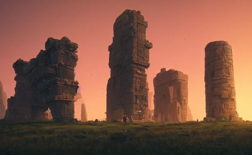 Image similar to A landscape with a giant stone brick tower with pillars on top at sunset, magical portal, cyberpunk, Low level, rendered by Beeple, Makoto Shinkai, syd meade, simon stålenhag, environment concept, synthwave style, digital art, unreal engine, WLOP, trending on artstation, 4K UHD image, octane render,