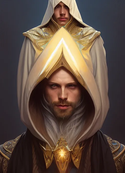 Prompt: symmetry!! portrait of male wizard wearing a hood, high fantasy, intricate, elegant, highly detailed, photorealistic, cinematic lighting, digital painting, artstation, concept art, smooth, sharp focus, illustration, art by artgerm and greg rutkowski and alphonse mucha,
