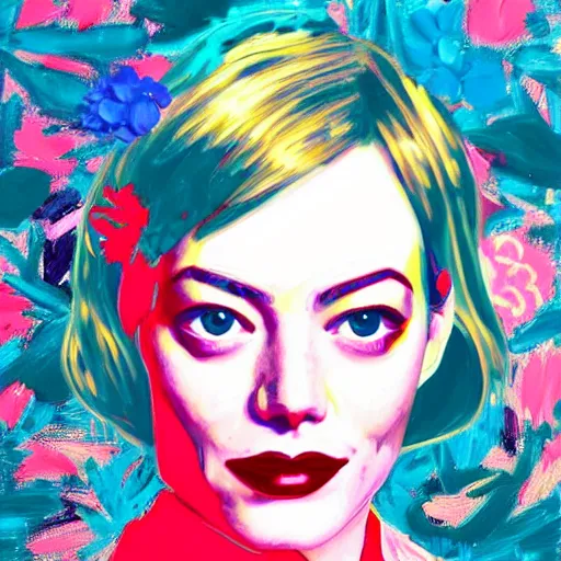 Image similar to detailed oil painting of emma stone in detail with flowers by james jean, by andy warhol