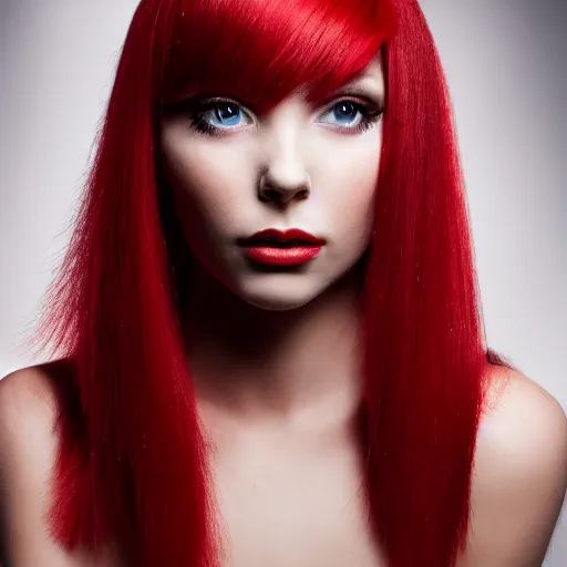 Image similar to Portrait of a young, stunningly beautiful woman with hair color divided into red and white on both sides, straight hair, award-winning photo, 4k, 8k, studio lighting, Nikon D6, 35mm