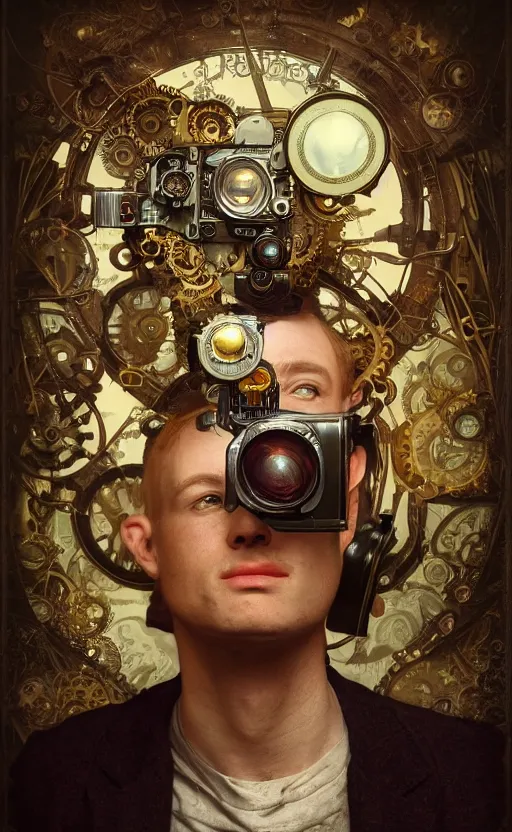 Image similar to hyper realistic male photographer looking through a vintage steampunk medium format camera, design on white background, beautiful details, lush foliage cyberpunk, gold, drawn by john singer sargent, tom bagshaw, norman rockwell, alphonso mucha, lolish, trending on artstation