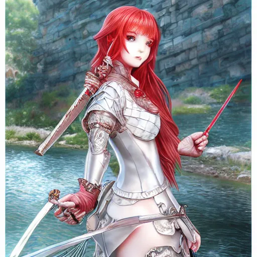 Image similar to a red haired female knight as an absurdly beautiful, elegant, young sensual anime girl, river in background, ultrafine hyperrealistic detailed face illustration by kim jung gi, irakli nadar, intricate linework, sharp focus, bright colors, matte, octopath traveler, final fantasy, unreal engine highly rendered, global illumination, radiant light, intricate environment