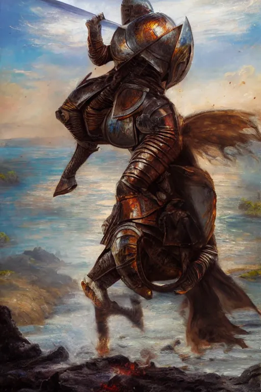 Prompt: knight in armor drawing a sword from a lava lake. by Bryce Cameron Liston, hyperrealistic oil painting, 4k, studio lightning