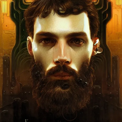 Image similar to portrait of bearded android, coy, circuitry visible in head, in the style of ex machina, karol bak, alphonse mucha, greg rutkowski, award winning, hr giger, artstation