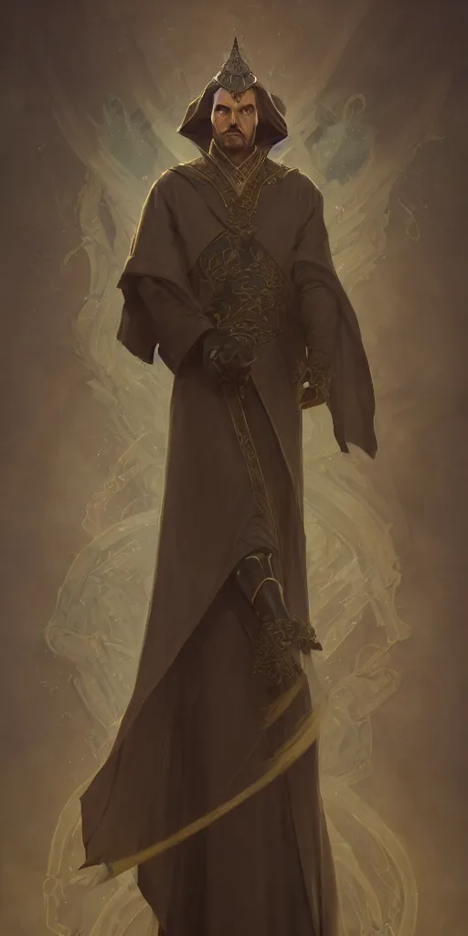 Image similar to sinister male mage, viscount, charismatic, linen robe, ancient, sand, emerald, magic, dark forces, intricate, highly detailed, digital painting, artstation, concept art, smooth, sharp focus, illustration, Unreal Engine 5, 8K, art by artgerm and greg rutkowski and alphonse mucha