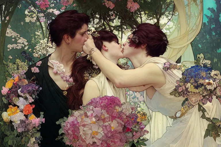 Image similar to the groom kisses the bride at a wedding full of flowers, bright and happy, dreamlike art, highly detail, 4 k realistic, wedding photoy krenz cushart. artem demura. alphonse mucha. yoji shinkawa artgerm. jon lothian. danilo torres. adi meyers. thomas reimann. gaston bussiere.