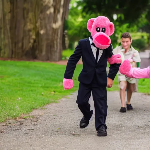 Image similar to little boy being taken away from family by a pink monkey wearing a black tie