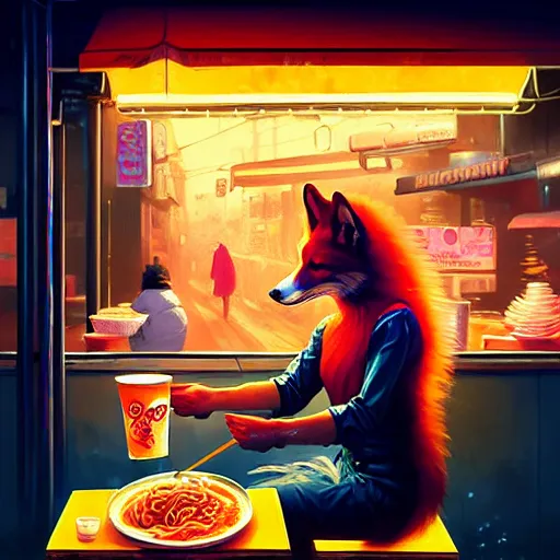 Prompt: splash art of anthropomorphic female vulpes vulpes fulva woman at a noodle stand eating ramen in the crowded street of a cyberpunk city, rain, harsh neon lighting, realistic, ultra detailed, by greg rutkowski, wlop, sakimichan, artgerm