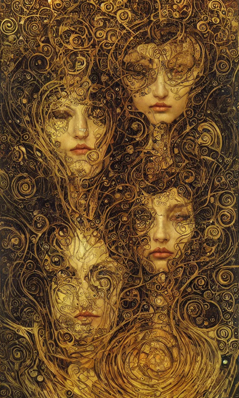 Image similar to Divine Chaos Engine portrait by Karol Bak, Jean Deville, Gustav Klimt, and Vincent Van Gogh, sacred geometry, visionary, mystic, fractal structures, ornate gilded medieval icon, spirals