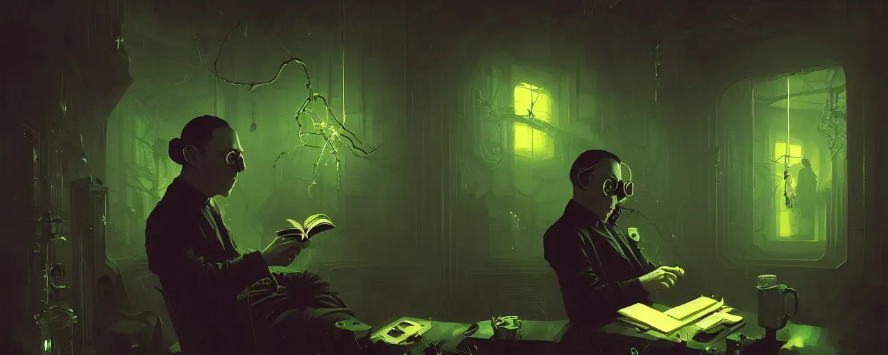 Prompt: duotone dark scifi illustration 3 / 4 portrait of hp lovecraft reading necronomicon. cinematic lighting mad scientist style. golden ratio accidental renaissance. by sachin teng and sergey kolesov and ruan jia and heng z. graffiti art, scifi, fantasy, hyper detailed. octane render. concept art. trending on artstation