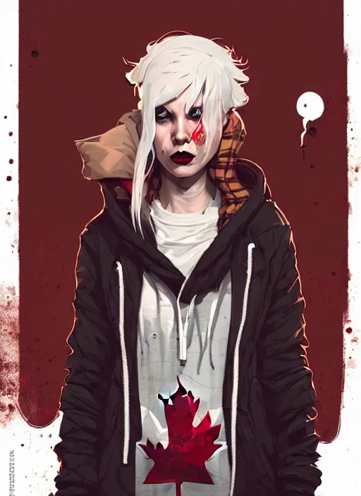 Image similar to highly detailed portrait of a sewer punk canadian lady, tartan hoody, white hair by atey ghailan, by greg rutkowski, by greg tocchini, by james gilleard, by joe fenton, by kaethe butcher, gradient red, brown, blonde cream and white color scheme, grunge aesthetic!!! ( ( graffiti tag wall background ) )