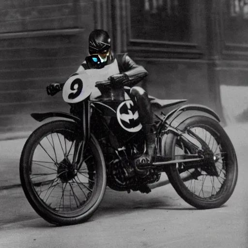 Prompt: old black and white photo, 1 9 1 3, depicting batman on a motorcycle from dark knight racing through the bustling streets of new york city, rule of thirds, three - point perspective, historical record