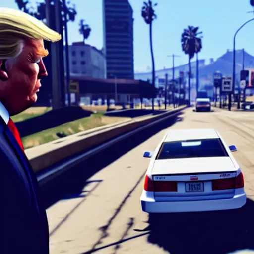 Image similar to donald trump busted in gta v gameplay, isometric view, ps 5 screenshot, third person perspective, 3 d render, cryengine, highly detailed