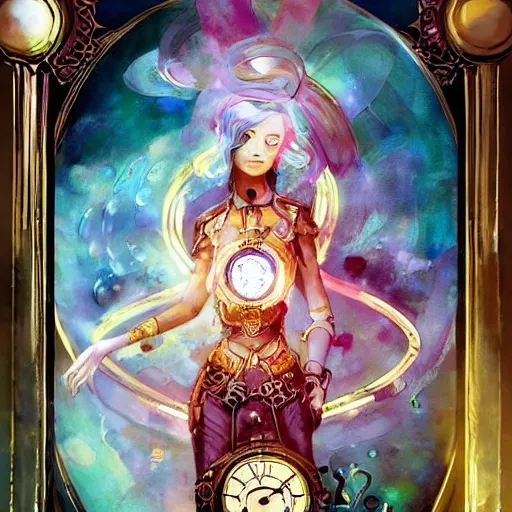 Prompt: an epic painting of the empress of time tarot card art, lomo effect, beautiful vibrant mixed pastels and watercolors painting, clockwork steampunk, cgsociety # conceptart cg character art, # oc by ross tran by ashley wood