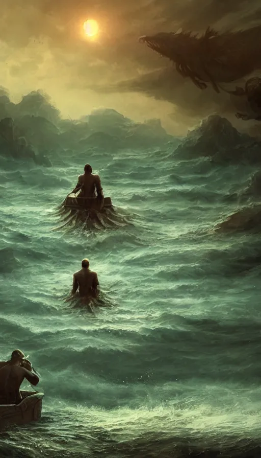 Image similar to man on boat crossing a body of water in hell with creatures in the water, sea of souls, by cgsociety