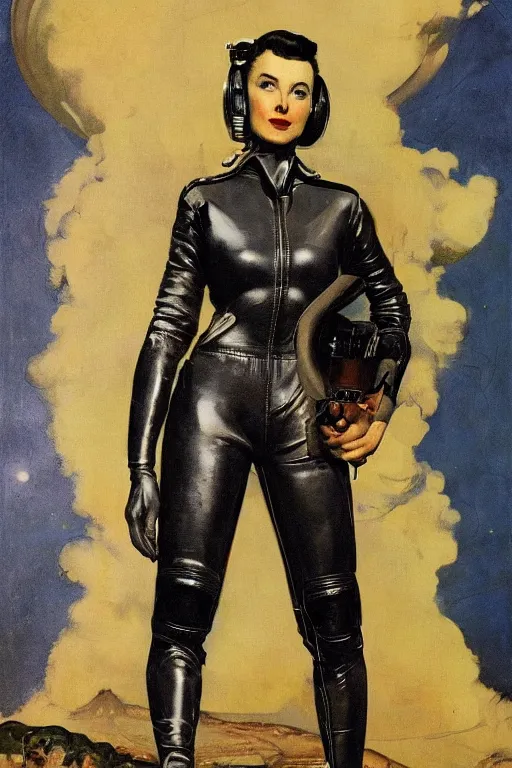 Image similar to 5 0 s pulp scifi fantasy illustration full body portrait elegant slim mature woman in leather spacesuit, background english countyside, by norman rockwell, roberto ferri, daniel gerhartz, edd cartier, jack kirby, howard v brown, ruan jia, tom lovell, frank r paul, jacob collins, dean cornwell, astounding stories, amazing, fantasy, other worlds