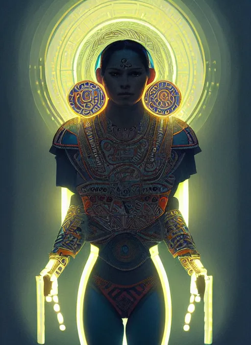 Image similar to symmetry!! portrait of aztec warrior, tech wear, glowing lights!! intricate, elegant, highly detailed, digital painting, artstation, concept art, smooth, sharp focus, illustration, art by artgerm and greg rutkowski and alphonse mucha