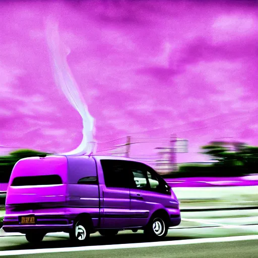 Image similar to purple tornado following white minivan, photo, 4k, realism