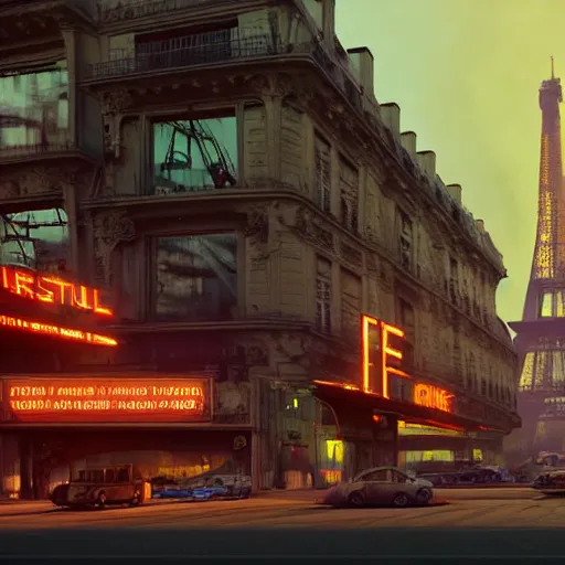 Image similar to A beautiful intricate 8K award-winning ground-level cinematic movie photograph of the future rusting remains of Eiffel Tower, surrounded by neon and collapsing corporate video billboard displays. in the year 2050, by Bruno Delbonnel and greg rutkowski. octane render, Arri Alexa 65. Cinematic lighting