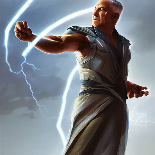 Image similar to benjamin netanyahu shooting lightning bolts with his hands like zeus, highly detailed, by artgerm and greg rutkowski