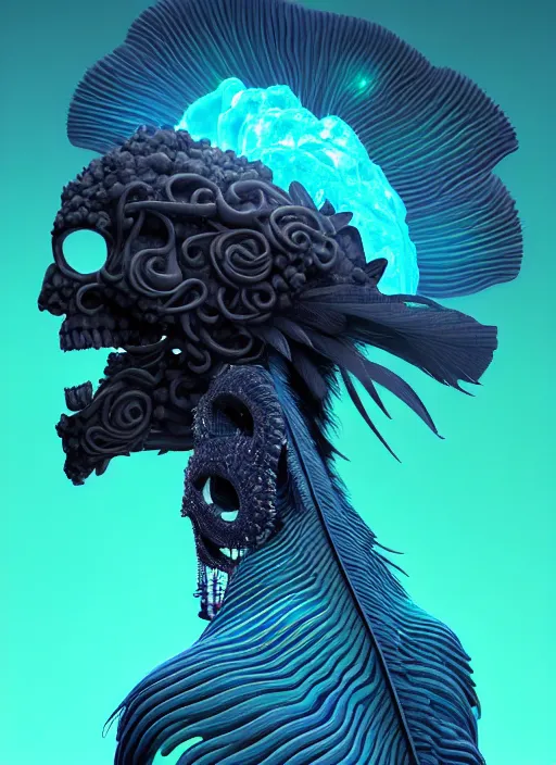 Image similar to 3 d goddess profile portrait, sigma 5 0 0 mm f / 5. beautiful intricate highly detailed quetzalcoatl skull and feathers. bioluminescent, plasma, lava, ice, water, wind, creature, thunderstorm! artwork by tooth wu and wlop and beeple and greg rutkowski, 8 k trending on artstation,