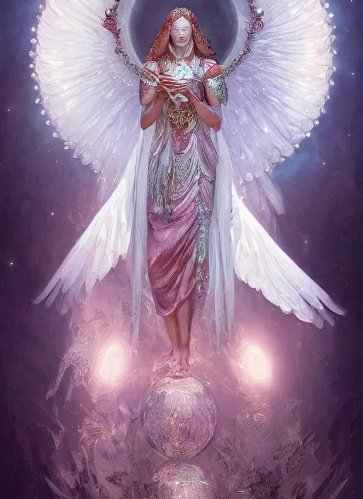 Image similar to A beautiful digital painting of a female Seraphim full of jewels, princess, the moon behind her, intricate, cinematic lighting, highly detailed, digital painting, Artstation, concept art, smooth, sharp focus, illustration, art by Tom Bagshaw, Artgerm and Greg Rutkowski