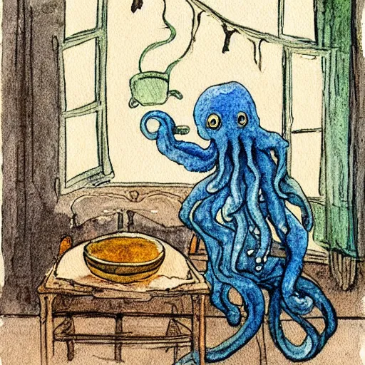 Prompt: cthulhu drinking tea, beatrix potter watercolour illustration