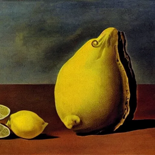 Prompt: a lemon eating another lemon, salvador dali, horror