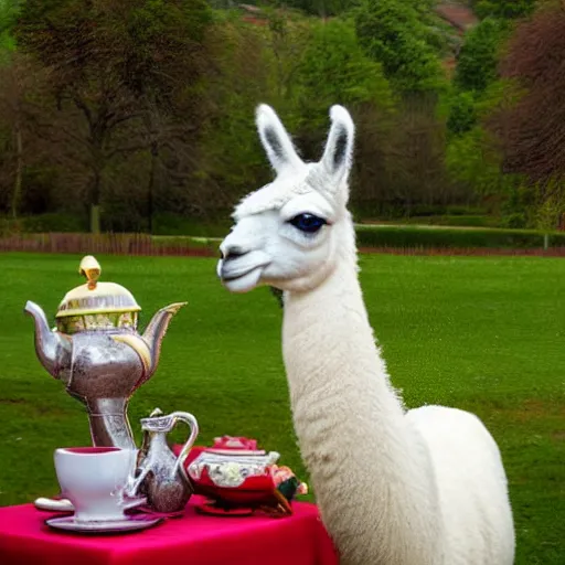 Image similar to a llama having tea with the queen, 8k, award winning photo, digital art