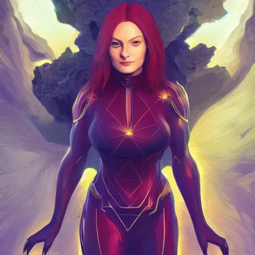 Prompt: full body portrait of jean grey, symetry, perfect face, green eyes, comic, phoenix rising, intricate, detailed, volumetric lighting, scenery, digital painting, highly detailed, artstation, sharp focus, illustration, concept art, ruan jia, steve mccurry