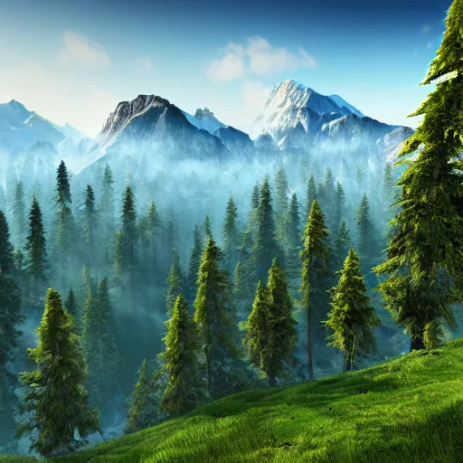 Prompt: epic mountain view, monumental mountains, green valleys with trees, glacier, digital painting, realistic render, 4k, 8k, photography, unreal engine