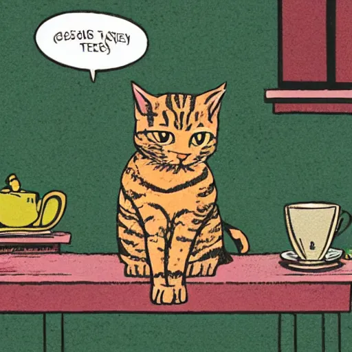 Prompt: tabby cat sitting next to a steaming cup of tea on a messy desk, in the background in a green garden on a rainy day, high contrast, dramatic lighting, graphic novel, art by Alan Davis and Michael Choi,