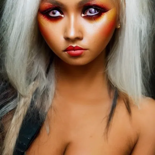 Image similar to hot tribal warrior cute girl big eyes pouty lips tanned skin white hair