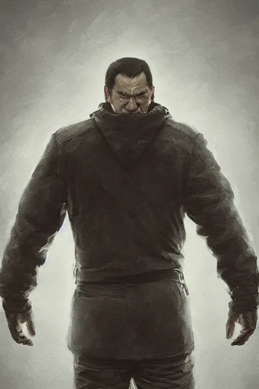 Prompt: sad steven seagal full body portrait in handcuffs, intricate, highly detailed, digital painting, artstation, concept art, smooth, sharp focus, illustration, whimsical background by marc simonetti, artwork by liam wong, patriotic, handcuffs!!!!!!!!