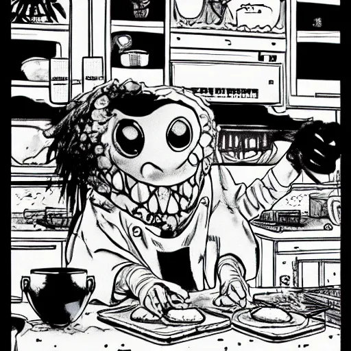 Prompt: evil anthropomorphic cookie cooking a bunch of cookies, in the kitchen, in vagabond manga by takehiko inoue, black ink