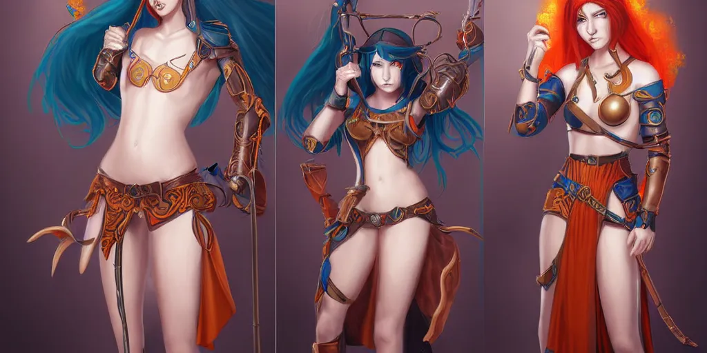 Image similar to triptych of youthful female feminine horned tiefling female bard with long bob cut blue hairstyle, her skin is orange and pale, she has immaculate skin and her eyes are pure black orbs and she is wearing colorful leather armor by rossdraws,