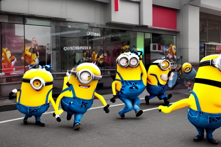 Image similar to minions fighting outside of a mcdonalds