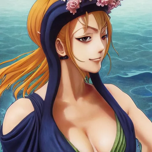 Image similar to intricately detailed vfx portrait of nami from one piece by eiichiro oda!, makoto shinkai, alphonse mucha, art by artgerm and greg rutkowski!, best of behance, concept art, matte, sharp focus, adolphe bouguereau, annie leibovitz, stanley kubrick,