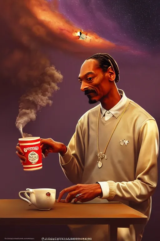 Image similar to Snoop Dogg offering a steaming mug of chai tea, against the backdrop of the universe, full body, digital painting, artstation, concept art, sharp focus, cinematic lighting, illustration, art by artgerm and Norman Rockwell, cgsociety