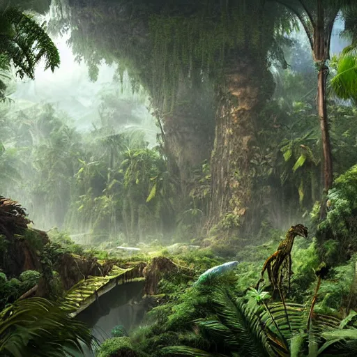 Prompt: dream render of a prehistoric jungle, matte painting, digital painting, art by patrick moncrief, 3 d, environment visualization, games, animation, video games, aaa