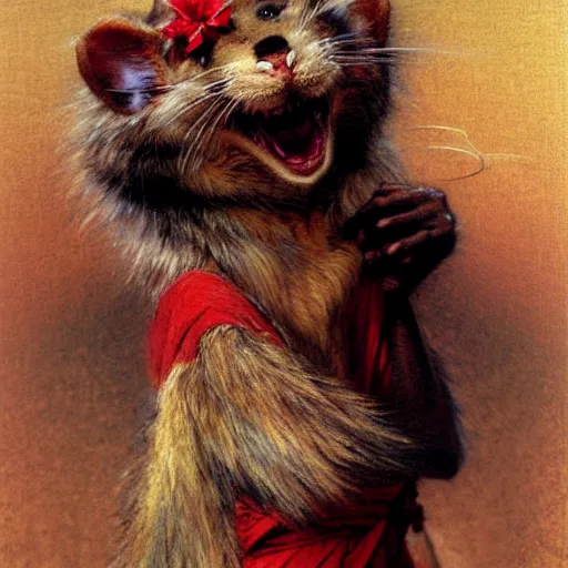 Image similar to a portrait of a furry splinter the rat wearing a red kimono, hairy, furry body, furry arms, feet, tail. highly detailed painting by gaston bussiere, craig mullins, j. c. leyendecker, furry