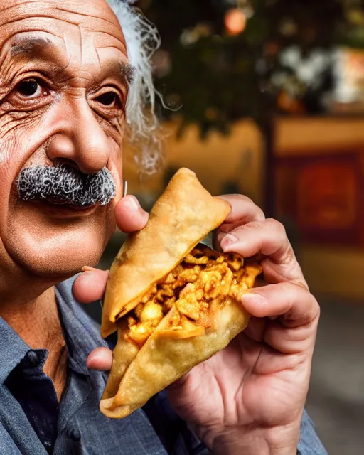 Image similar to A photo of Albert Einstein eating Samosa, highly detailed, trending on artstation, bokeh, 90mm, f/1.4