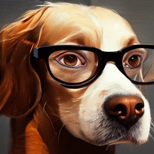 Prompt: a female dog wearing glasses, digital art, very feminine face, very detailed eyes, by wlop, gregrutkowski