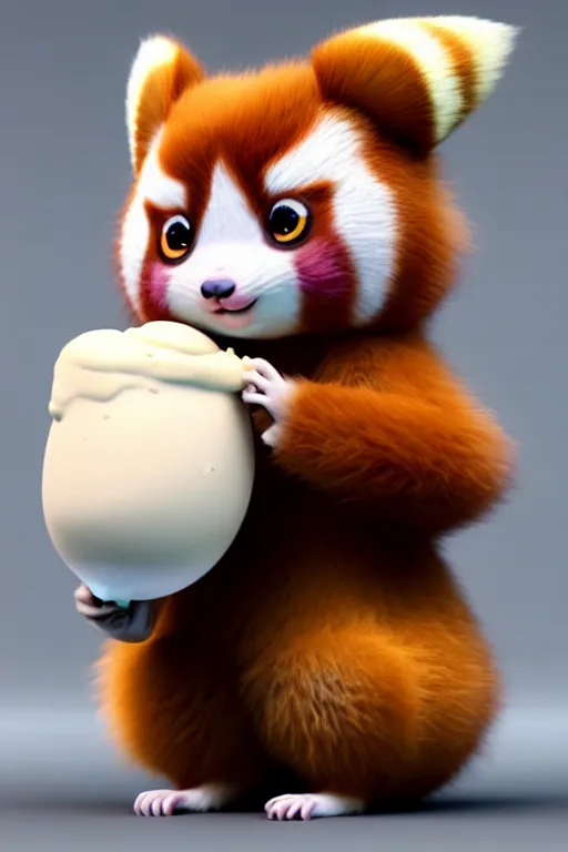 Prompt: high quality 3 d render hyperrealist very cute pastel fluffy! red panda & tarsier hybrid eating giant ice cream full body, very smooth, in the style of detective pikachu, charlie immer, very dramatic light, low angle, uhd 8 k, shallow depth or field