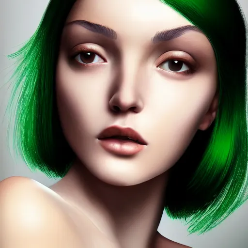 Image similar to photorealistic portrait of beautiful toxic girl, dark green hair, smooth face, glowing skin, detailed face, sharp focus