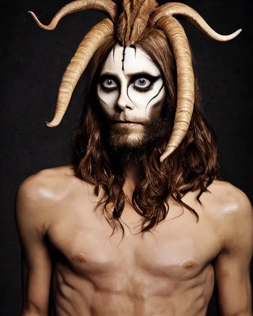 Image similar to Jared Leto in Elaborate Pan Satyr Goat Man Makeup and prosthetics designed by Rick Baker, Hyperreal, Head Shots Photographed in the Style of Annie Leibovitz, Studio Lighting